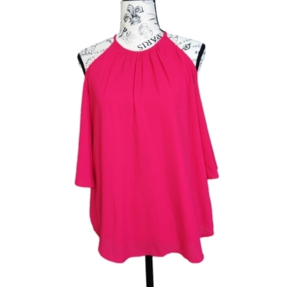 JAPNA watermelon pink cold shoulder flutter blouse top M NWOT